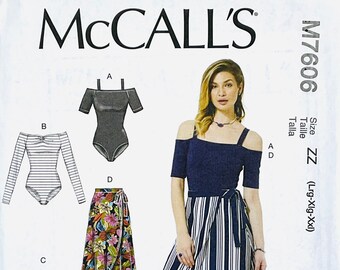 McCall's 7606 Sewing Pattern, M7606, Misses' Off-the-Shoulder Bodysuits and Wrap Skirts with Side Tie, Size (Xsm-Sml-Med or Lrg-Xlg-Xxl)