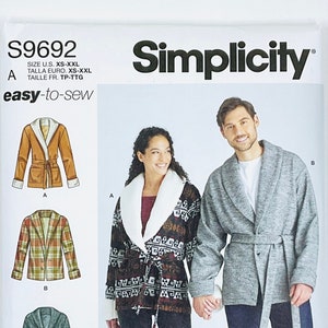 May include: Simplicity sewing pattern number S9692, easy-to-sew, for a long-sleeved robe with a shawl collar. The pattern includes four different variations of the robe, including a plaid robe, a patterned robe, a solid gray robe, and a solid green robe.