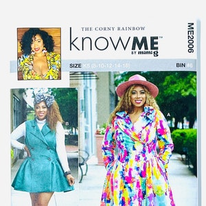 Puede incluir: Patrón de costura para un vestido de estampado abstracto colorido con cierre de doble botonadura. El patrón se llama "Know Me" de Mimi G y es de talla K5 (8-10-12-14-16).