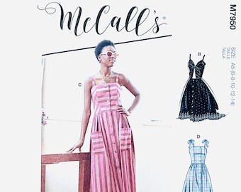 McCall&#39;s 7950 Sewing Pattern, M7950 Misses&#39; Button Front Dress, Patch Pockets, Sun Dress, Tie Straps, Size (6-8-10-12-14 or 14-16-18-20-22)