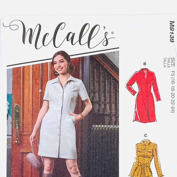 McCall's 8139 Button Front Shirt Dress Women's Sewing Pattern, Casual Sewing Pattern, Work Wardrobe, Size (6-8-10-12-14 or 16-18-20-22-24)