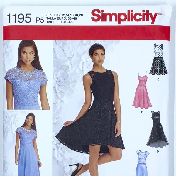 Patron de couture Simplicity 1195, S1195 pour femmes, robe pour une occasion spéciale, taille haute, superposition, petite, couture élégante, 4-6-8-10-12 ou 12-14-16-18-20