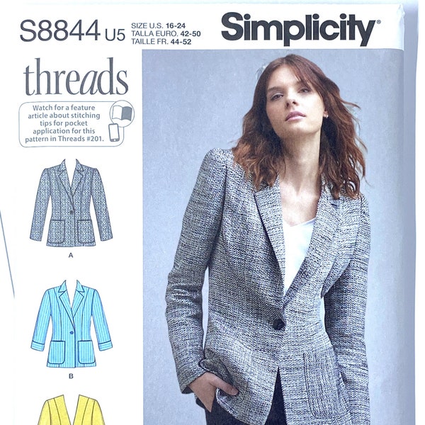 Simplicity 8844 Jacket Sewing Pattern for Women, Misses'/Miss Petite Unlined Blazer Simplicity Sewing Pattern by Threads, Size 6-14 or 16-24