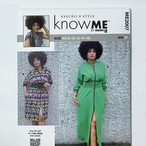 May include: A sewing pattern titled "KNOW ME" by Keechii B Style. The pattern includes images of a woman wearing two different dresses. The pattern size is K5 (8-10-12-14-16). The pattern is designed and printed in the USA.
