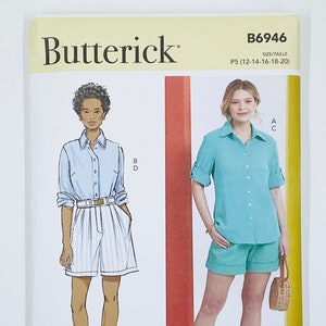 以下が含まれることがあります： Butterick B6946のソーイングパターン。女性用衣類のイラストが特徴です。パターンには、水色のボタンダウンシャツと白いショートパンツ、ターコイズのボタンダウンシャツとマッチするショートパンツが含まれています。 パターンのサイズはP5（12-14-16-18-20）です。