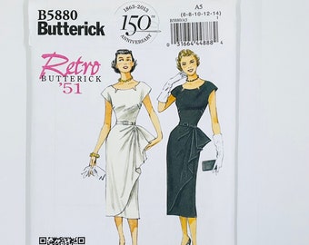 Butterick 5880 Easy Circa 1950s Vintage Reprint Petite Vestido para ocasiones especiales con volantes laterales Patrón de costura para mujer, talla 6-14 o 14-22