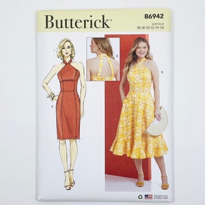 Butterick 6942 Halter Style Summer Dress with Princess Seams and Open Back Sewing Pattern for Women, Size 8-10-12-14-16 or 18-20-22-24-26