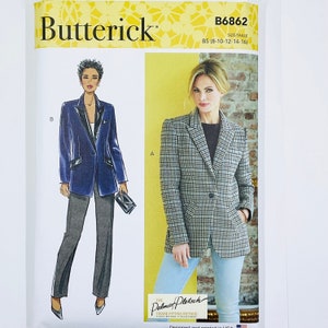 May include: A sewing pattern for a blazer with two different styles. The first style is a blue blazer with a black collar and the second style is a black and white plaid blazer. The pattern is from Butterick and is size B5 (8-10-12-14-16).