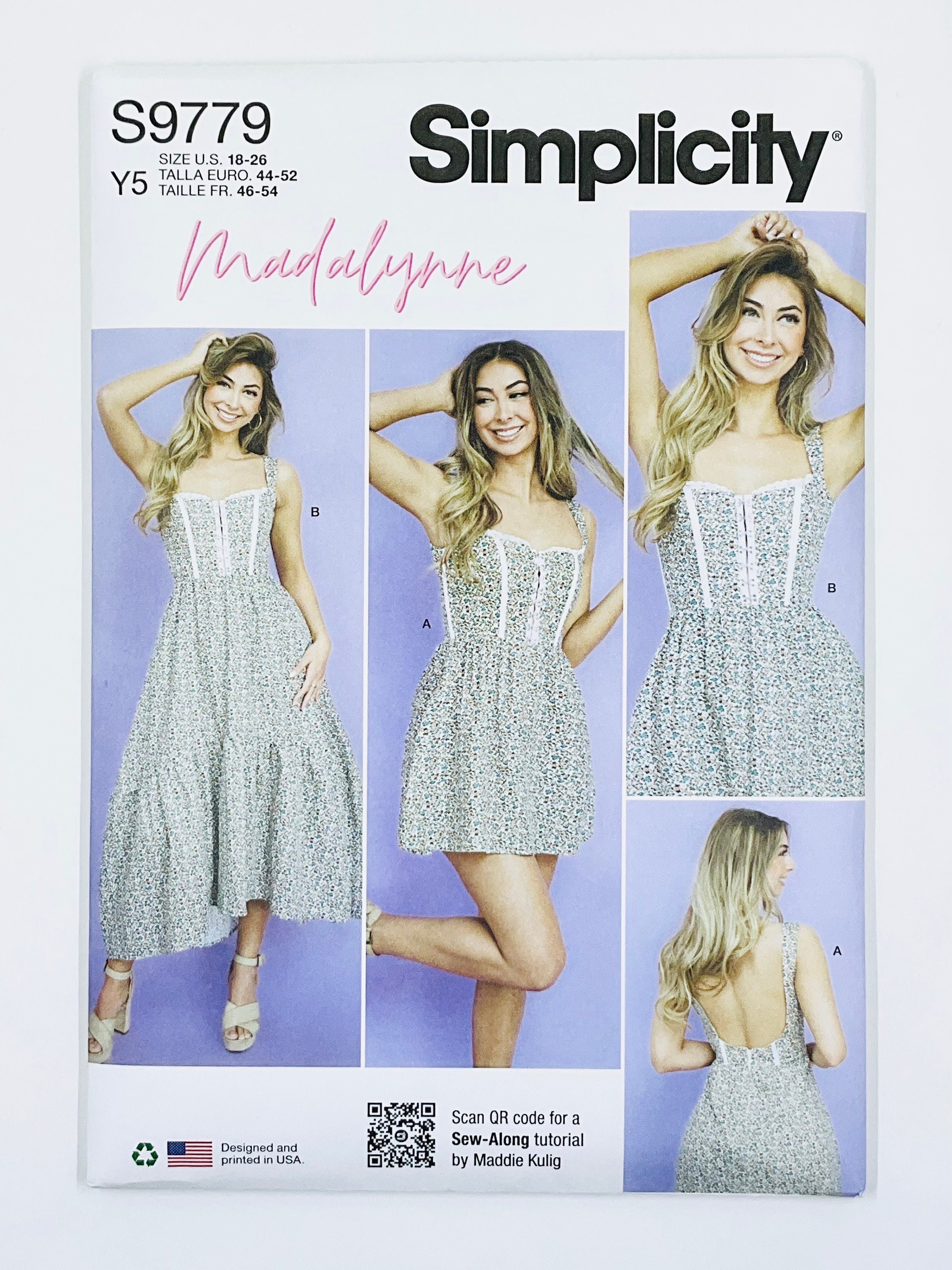 Simplicity 9779 Midi Corset Dress Sewing Pattern for Women, Princess Seams, Boning, High Low Hem and Ruffles, Size (8-16 or 18-26)