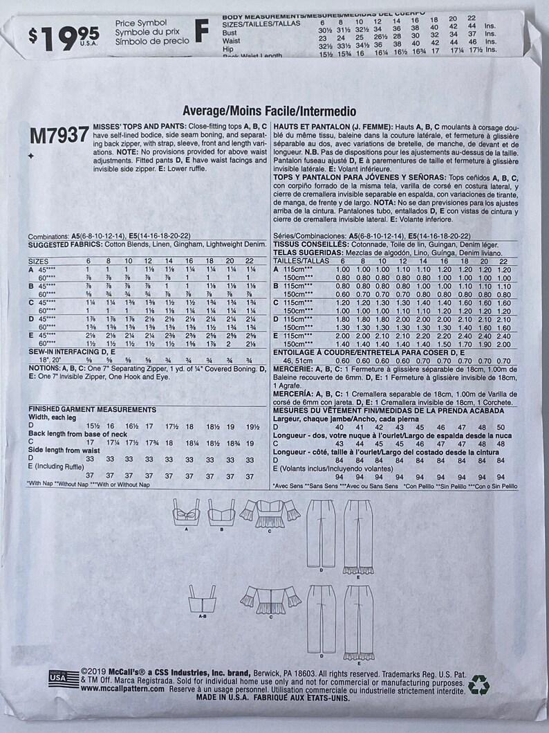 May include: A sewing pattern for women's tops and pants. The pattern includes instructions for making a close-fitting top with boning and a separate back zipper, and fitted pants with a side zipper. The pattern is for sizes 6-22 and includes suggested fabrics and notions.