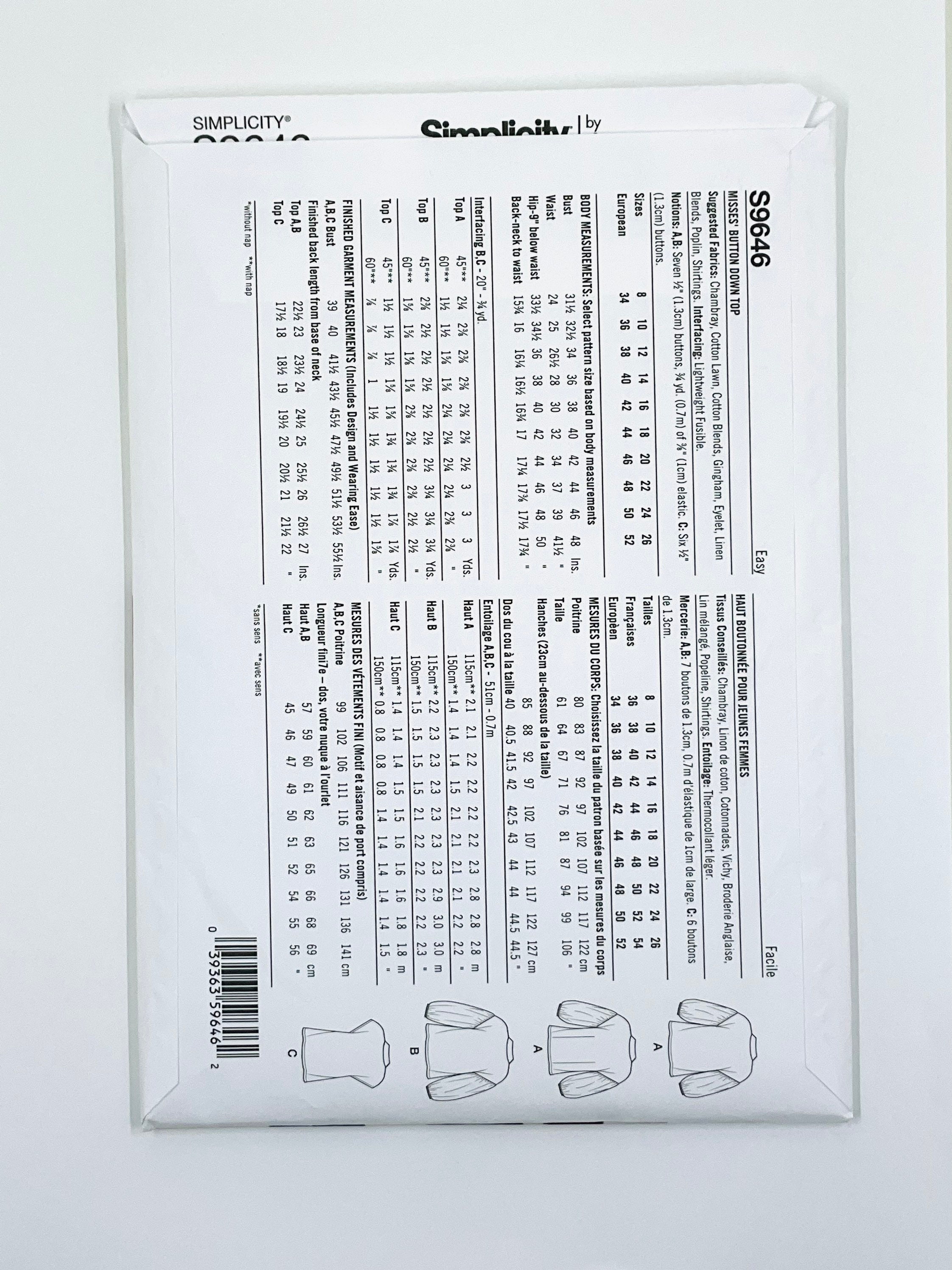 Simplicity 9646 Sewing Pattern, Easy Button Front Top Sewing Pattern ...