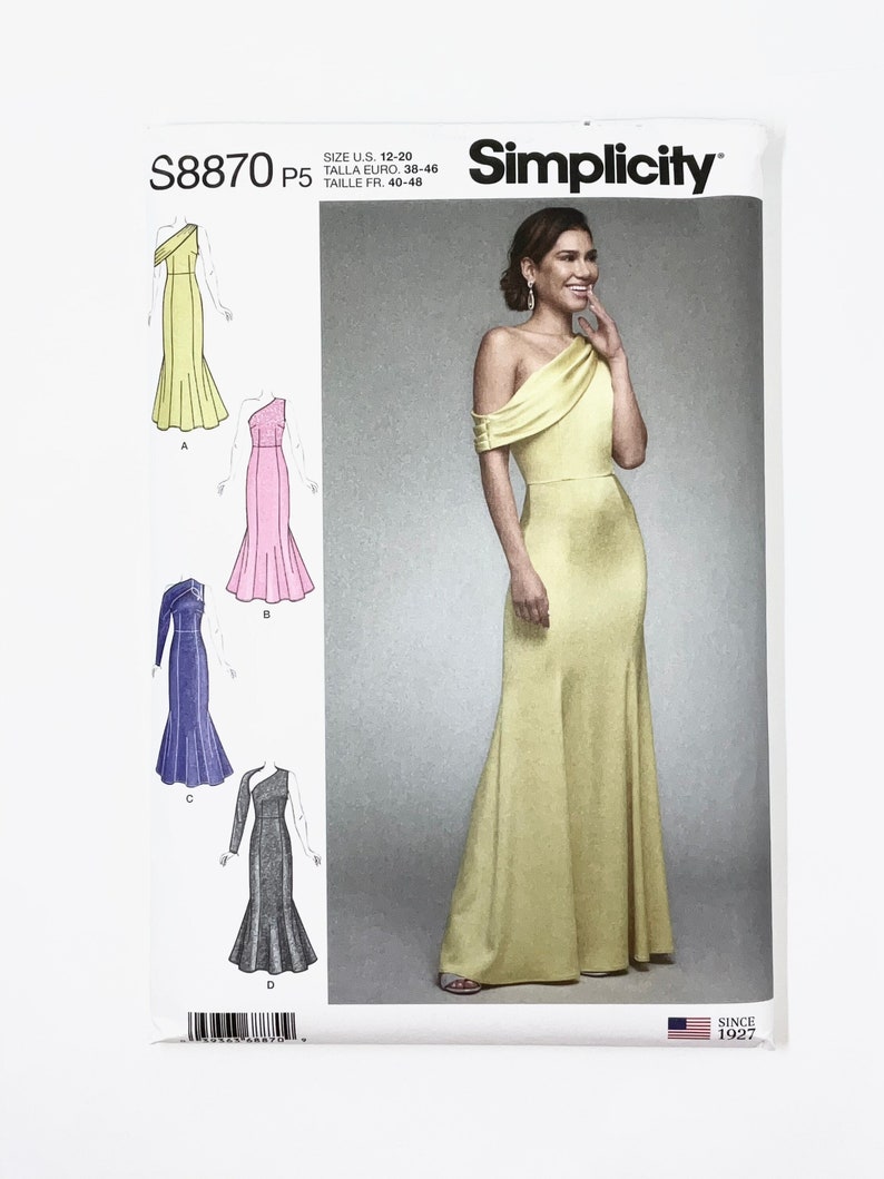 May include: A sewing pattern for a long, one-shoulder dress with a mermaid skirt. The pattern is for sizes US 12-20, Euro 38-46, and French 40-48. The pattern number is S8870 P5. The pattern is from Simplicity.