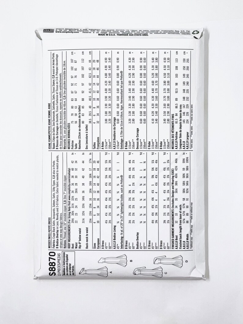 May include: A sewing pattern for a dress with a bodice overlay. The pattern includes instructions and measurements in inches. The pattern number is S8870.
