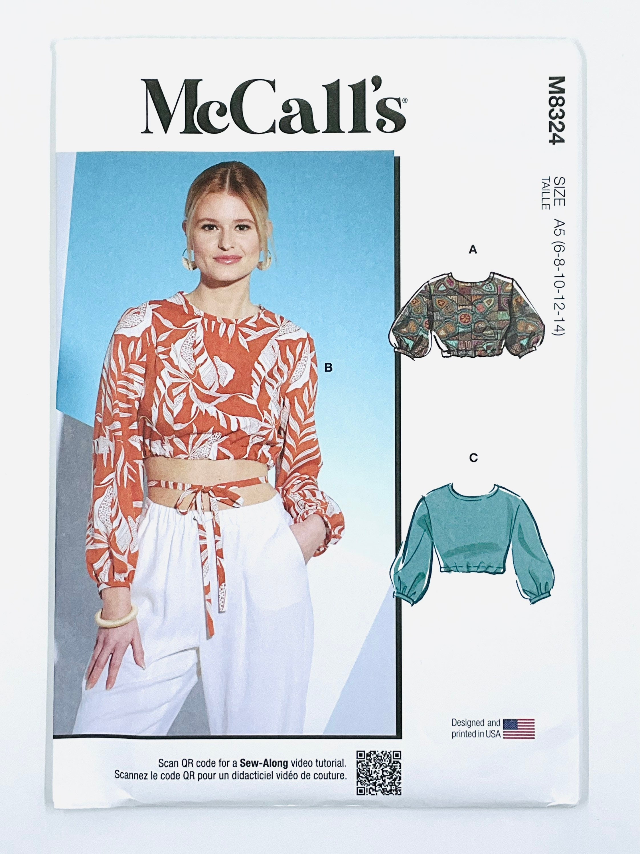 McCall's 8324 naaipatroon - M8324 Misses' open rug, crop top, shirt of blouse met rugbanden, maat (6-8-10-12-14 of 16-18-20-22-24)