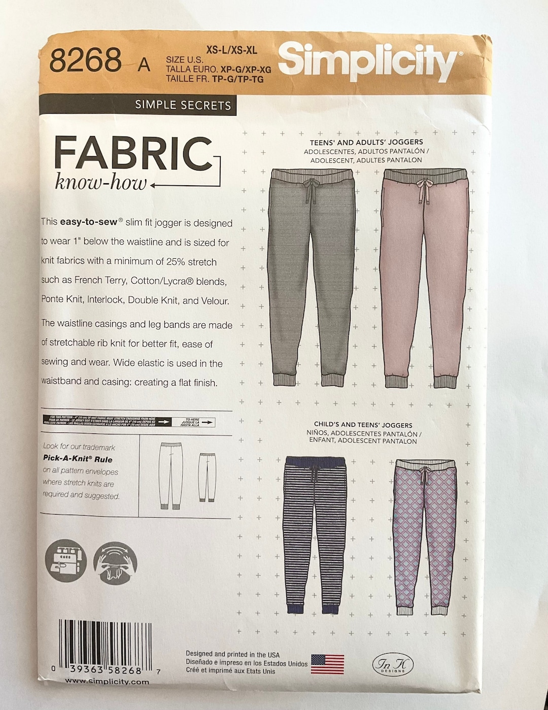 Simplicity 8268 D'enfant/Ado De Tricot Fin à Jogger Patron De Couture Pour Adulte, Blanc, XS – L/XS – XL