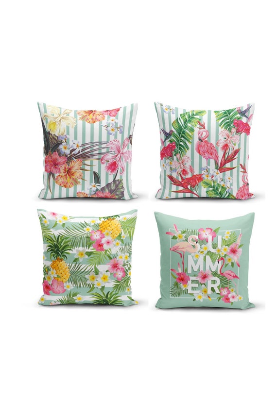 Pillow Cover Set Flamingo Design Set of 4 Pcs Flower Design
