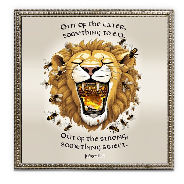 Judges 14:14, Sampson Riddle, Lion and Honey, Bible Poster, Sermon Graphic, Bible Study, Bible Story, Bible Sketches, Bible Verse Poster