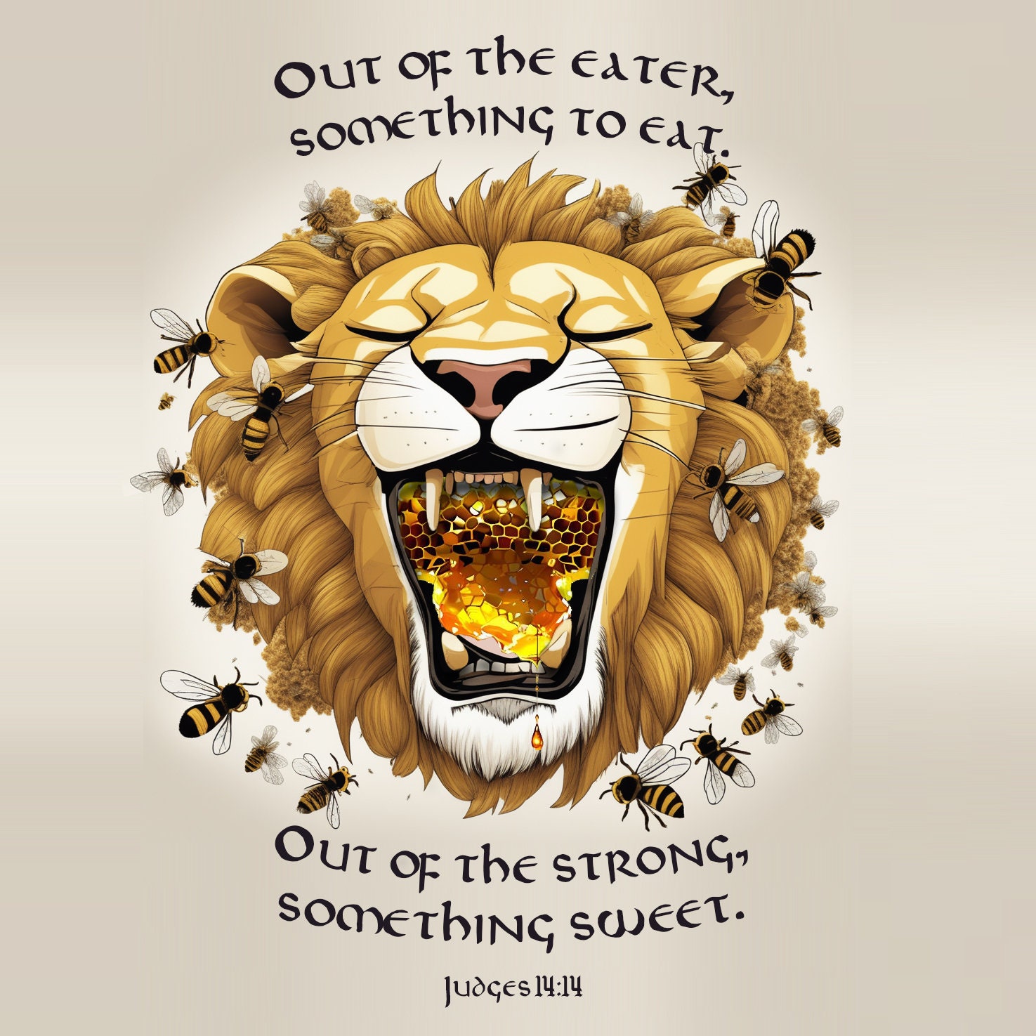 Judges 14:14, Sampson Riddle, Lion and Honey, Bible Poster, Sermon
