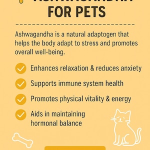 May include: A promotional graphic in yellow and white for Ashwagandha for pets. The text details benefits such as reduced anxiety and immune support. Features a honey dipper, a cat outline, and the text "Honey's Den."
