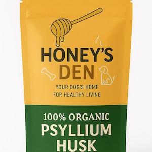 May include: A yellow and green bag of Honey's Den 100% Organic Psyllium Husk for dogs. The bag features a honey dipper graphic and the text "Your Dog's Home for Healthy Living". The bag contains 100g of product.