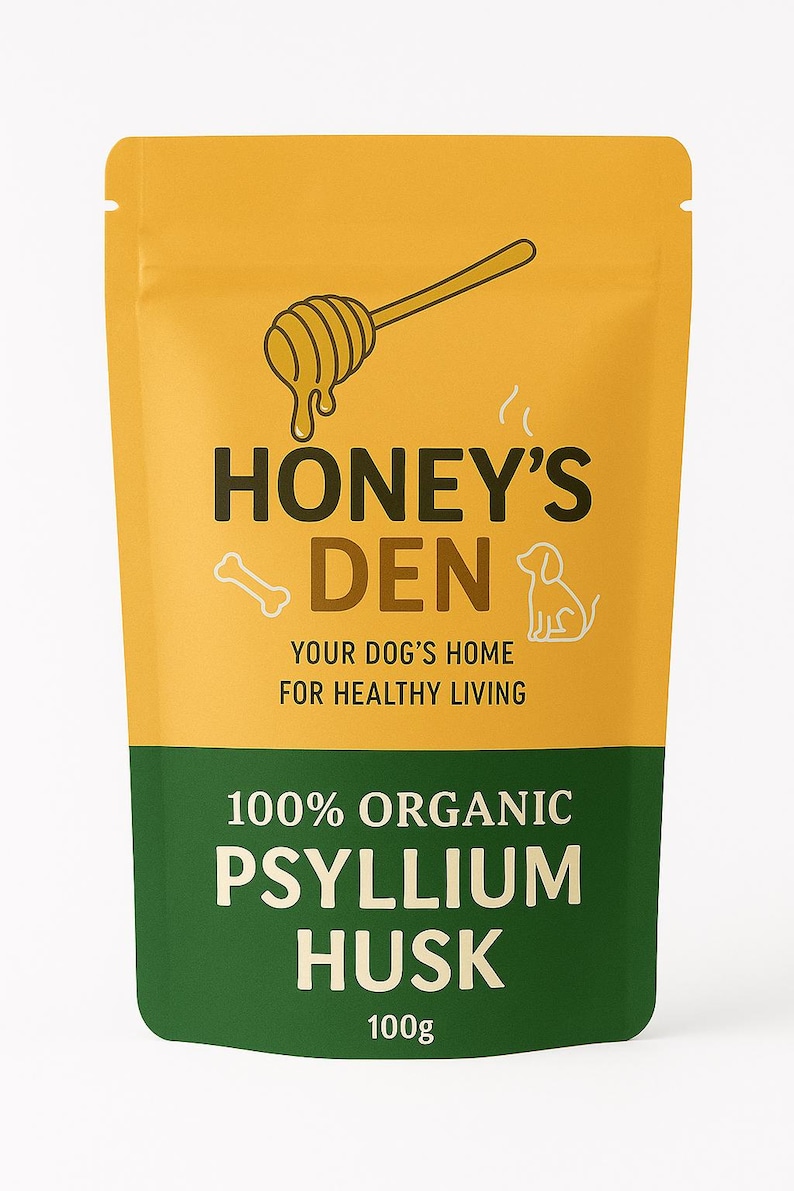 May include: A yellow and green bag of Honey's Den 100% Organic Psyllium Husk for dogs. The bag features a honey dipper graphic and the text "Your Dog's Home for Healthy Living". The bag contains 100g of product.