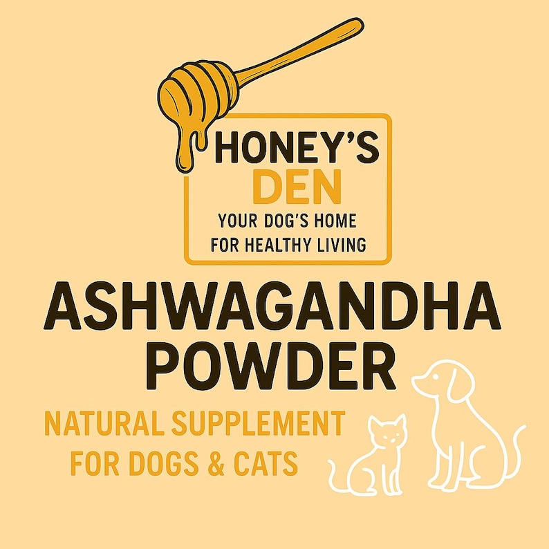 May include: An advertisement for Honey's Den Ashwagandha Powder, featuring a honey dipper and the brand name. The text reads "Your Dog's Home for Healthy Living" and "Ashwagandha Powder, Natural Supplement for Dogs & Cats" in a yellow and brown color scheme.