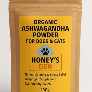 May include: A brown pouch with a yellow label. The label reads "ORGANIC ASHWAGANDHA POWDER FOR DOGS & CATS" and "HONEY'S DEN" with a paw print. The pouch contains 100g of product, with details about its calming and stress relief properties.