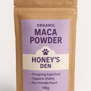 May include: A brown pouch of organic maca powder. The label is purple and white with the text "MACA POWDER" and "HONEY'S DEN". It also states "Energizing Superfood", "Supports Vitality", and "Eco-Friendly Pouch". The pouch contains 150g.