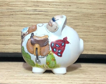 Large Hand-painted Western Ceramic Piggy Bank Personalized with Horse, Cowboy Boot, Hat, Saddle, Bandana, Lasso, Chaps, Spurs, Sheriff Badge