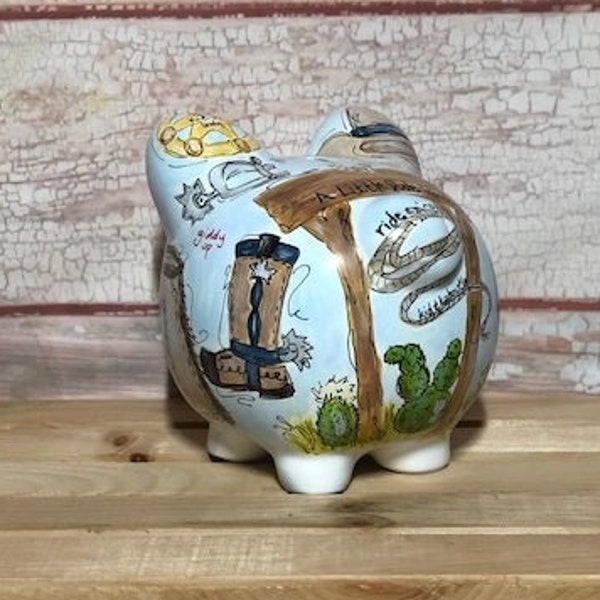 Large Personalized and Hand-painted Western Ceramic Piggy Bank with Cowboy Boot, Hat, Saddle, Bandana, Lasso, Chaps, Spurs, Sheriff Badge