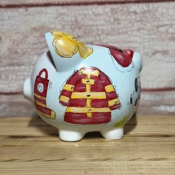 Large Personalized Ceramic Firefighter Piggy Bank with Helmet, Badge, Red Firetruck, Uniform and Fire Fighting Dog, Hand-painted for Kids