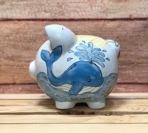 Childs Large White Ceramic piggybank for Nautical Nursery Hand Painted Personalized Sailboat Piggy Bank 