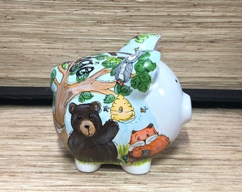 Large Hand-painted Woodland Ceramic Piggy Bank, Whimsical, Personalized Art with a Fox, Deer, Owl, Moose, and Bear seeking honey in Bee Hive