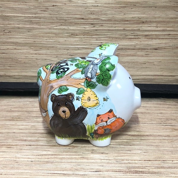 Large Hand-painted Woodland Ceramic Piggy Bank, Whimsical, Personalized Art with a Fox, Deer, Owl, Moose, and Bear seeking honey in Bee Hive