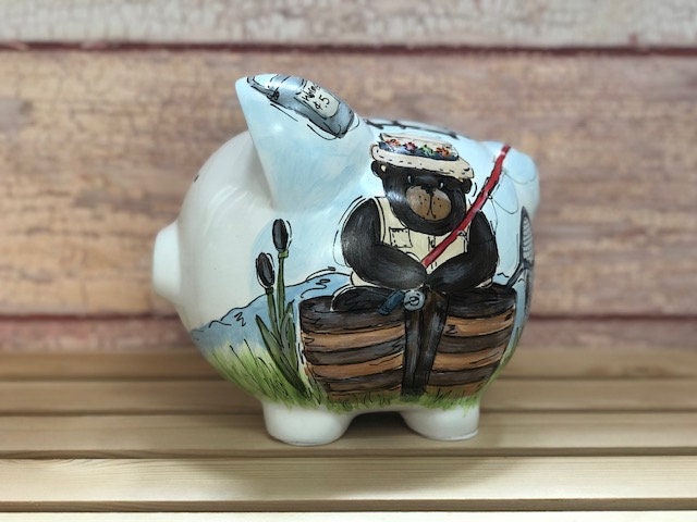 Medium Personalized Bear Gone Fishing on a Boat, A Unique Piggy