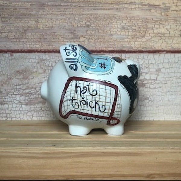 Large Personalized, Whimsical Hockey Themed Ceramic Piggy Bank with Hand-painted Stick, Skate, Puck, Helmet, Perfect Gift for Hockey Fans