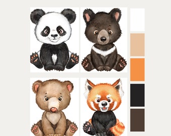 Lot de 4 impressions aquarelle bébé animal | Impressions d'art de pépinière d'ours de bébé | Animaux des bois et de safari - 5 tailles | Accès numérique à vie
