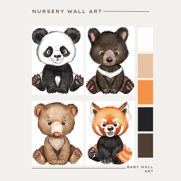 Set of 4 Baby Animal Watercolor Prints | Baby Bears Nursery Art Prints | Woodland & Safari Animals - 5 Sizes | Lifetime Digital Access