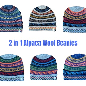 Peut inclure: Six bonnets en laine d'alpaga avec des motifs réversibles. Chaque bonnet présente un motif géométrique coloré avec un schéma de couleurs différent. Les bonnets sont faits de laine d'alpaga douce et chaude et sont parfaits pour garder votre tête au chaud en hiver.