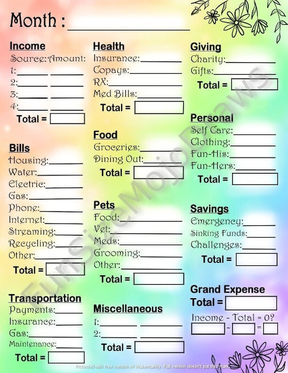 Monthly Budget Printable Color | Budget Planner | Digital Download