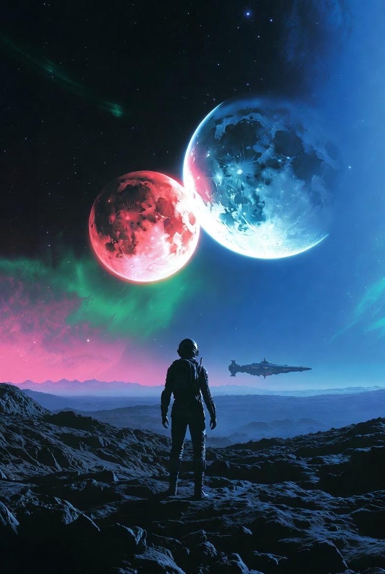 Sci-fi Astronaut Space Moons Digital Art Printable Wall Poster ...