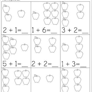 May include: A black and white worksheet titled "Apple Addition" with addition problems and apple illustrations. The worksheet includes the text "Add the pictures..." and space for a name.
