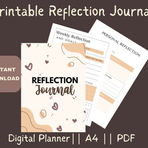Puede incluir: Un diario de reflexi&oacute;n imprimible con el texto "Reflection Journal" en la portada, sobre un fondo beige con corazones y formas abstractas. La imagen tambi&eacute;n incluye p&aacute;ginas para la reflexi&oacute;n semanal y personal, con el texto "Instant Download" y "Digital Planner | A4 | PDF".