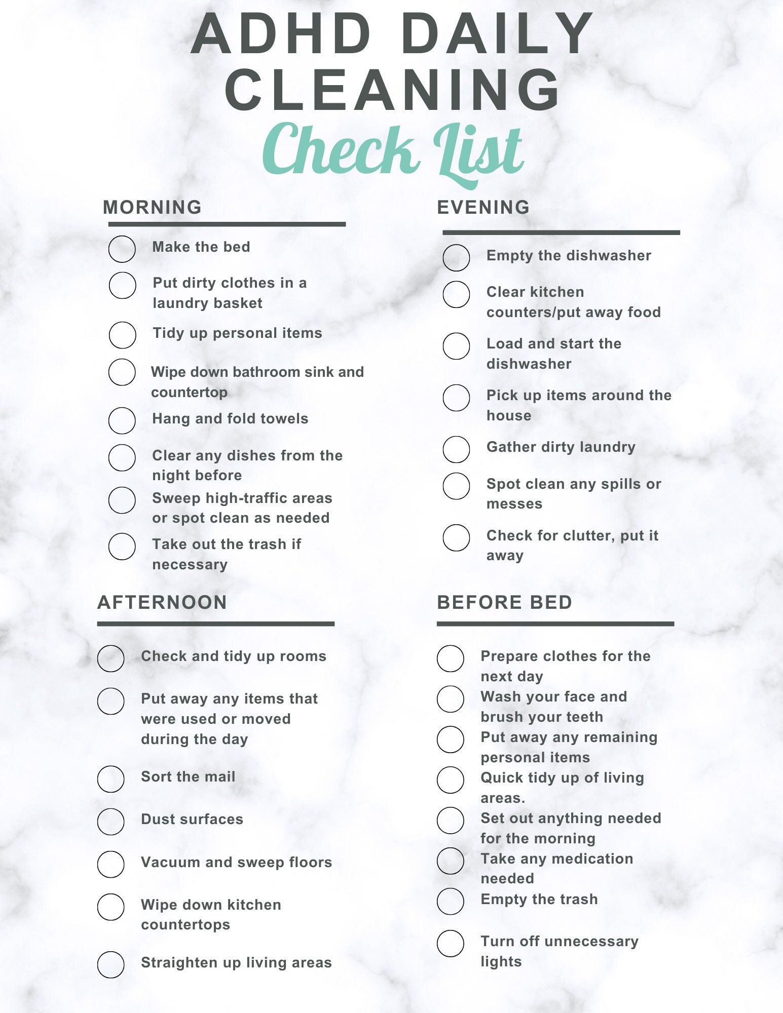 ADHD Cleaning Checklist, ADHD cleaning, cleaning schedule ADHD, Daily Cleaning Checklist