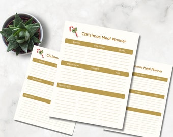 Planificador de comidas navideñas. Plantilla para planificar la cena de Navidad. Horario de cocina y plan de preparación. Formato A4 imprimible. Descarga instantánea en PDF.