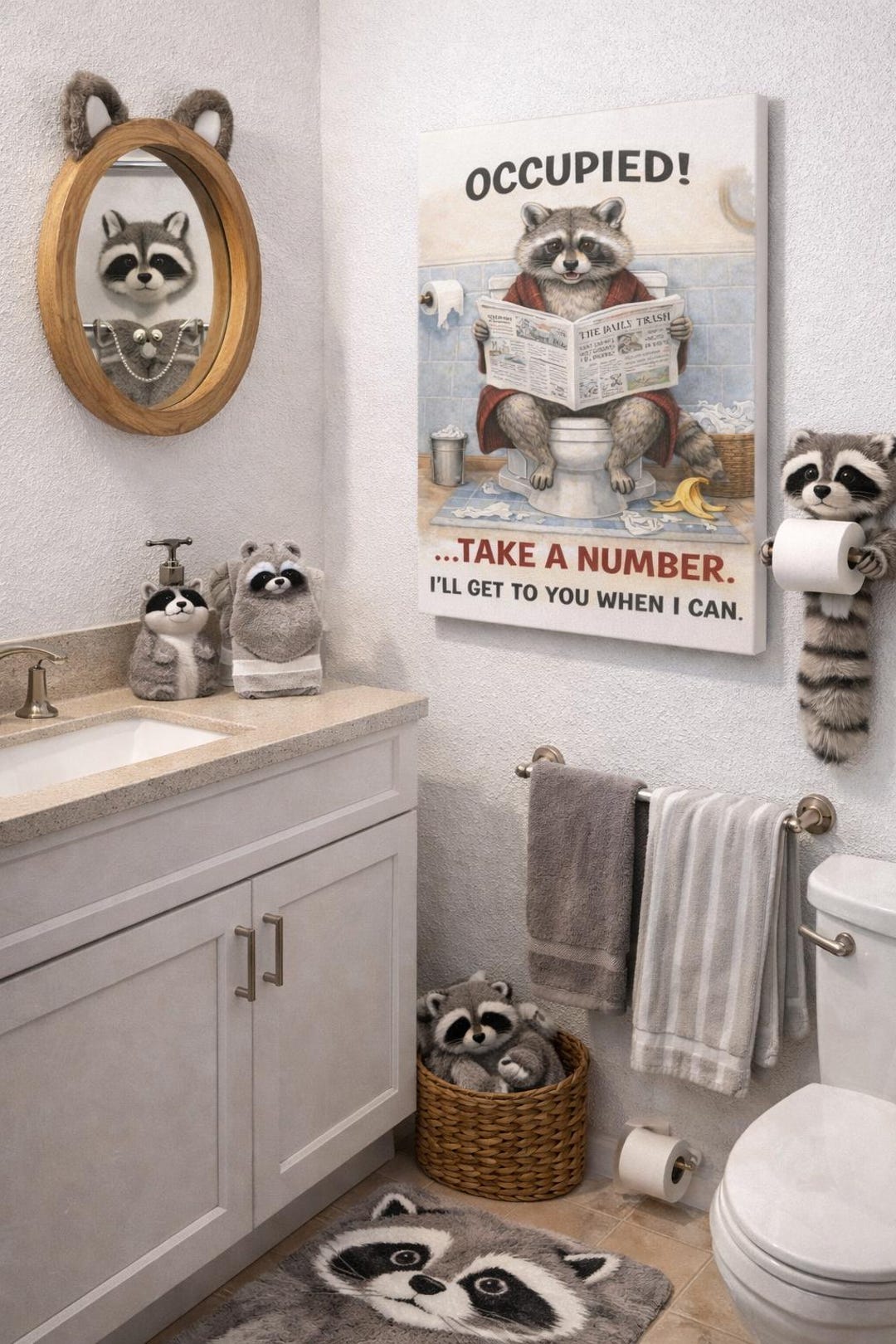 Occupied Raccoon on Toilet Canvas Stretched | Funny Bathroom Wall Art ...