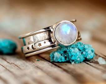 Moonstone Ring Stars and Moon Ring, Spinner Ring, 925 Sterling Silver Ring for Women, Meditation Anxiety Ring, Boho Ring, Popular Gift Ring,