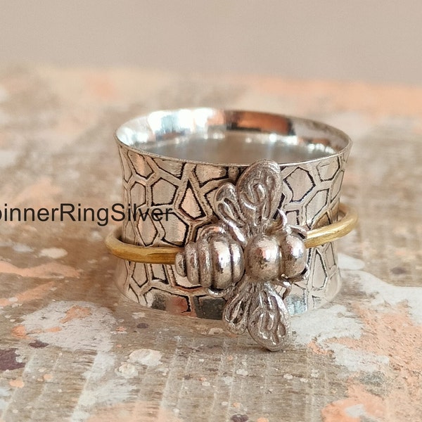 Honey Bee Spinner Ring, 925 Sterling Silver Ring, Meditation Ring, Silver Jewelry, Worry Ring, Boho Ring, Anxiety Ring, Beautiful Ring SK881