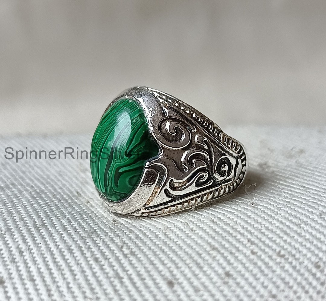 Sterling Silver Men's Ring With Green Malachite – Solid 925 Silver, Size 10.5, Made In Thailand