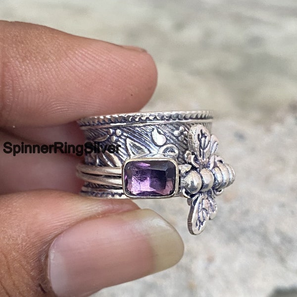 Amethyst Gemstone Ring, Solid 925 Sterling Silver Spinner Women Ring, Handmade Silver Honey Bee Amethyst Ring, fidget Christmas Gift, SK583